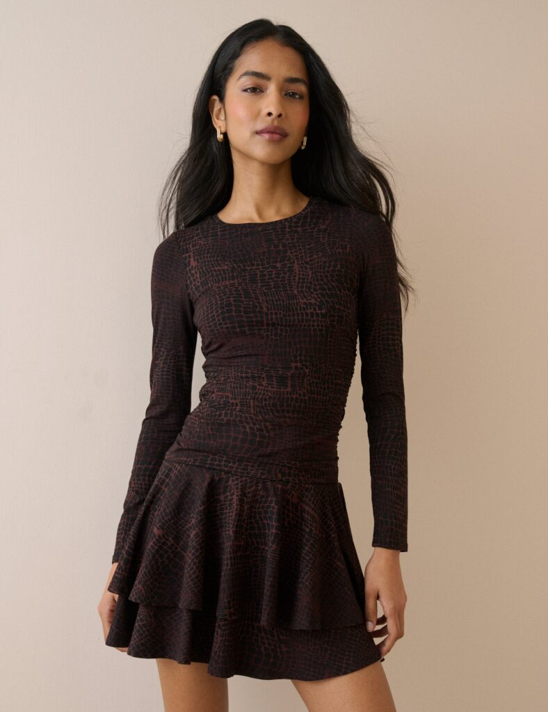 Brown Printed Jersey Drop Waist Mini Dress