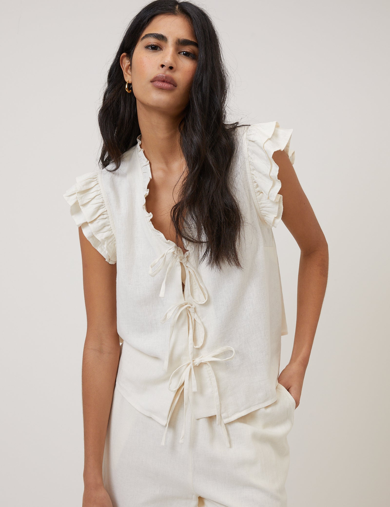 White Linen Blend Ruffle Tie Front Top - Image 2