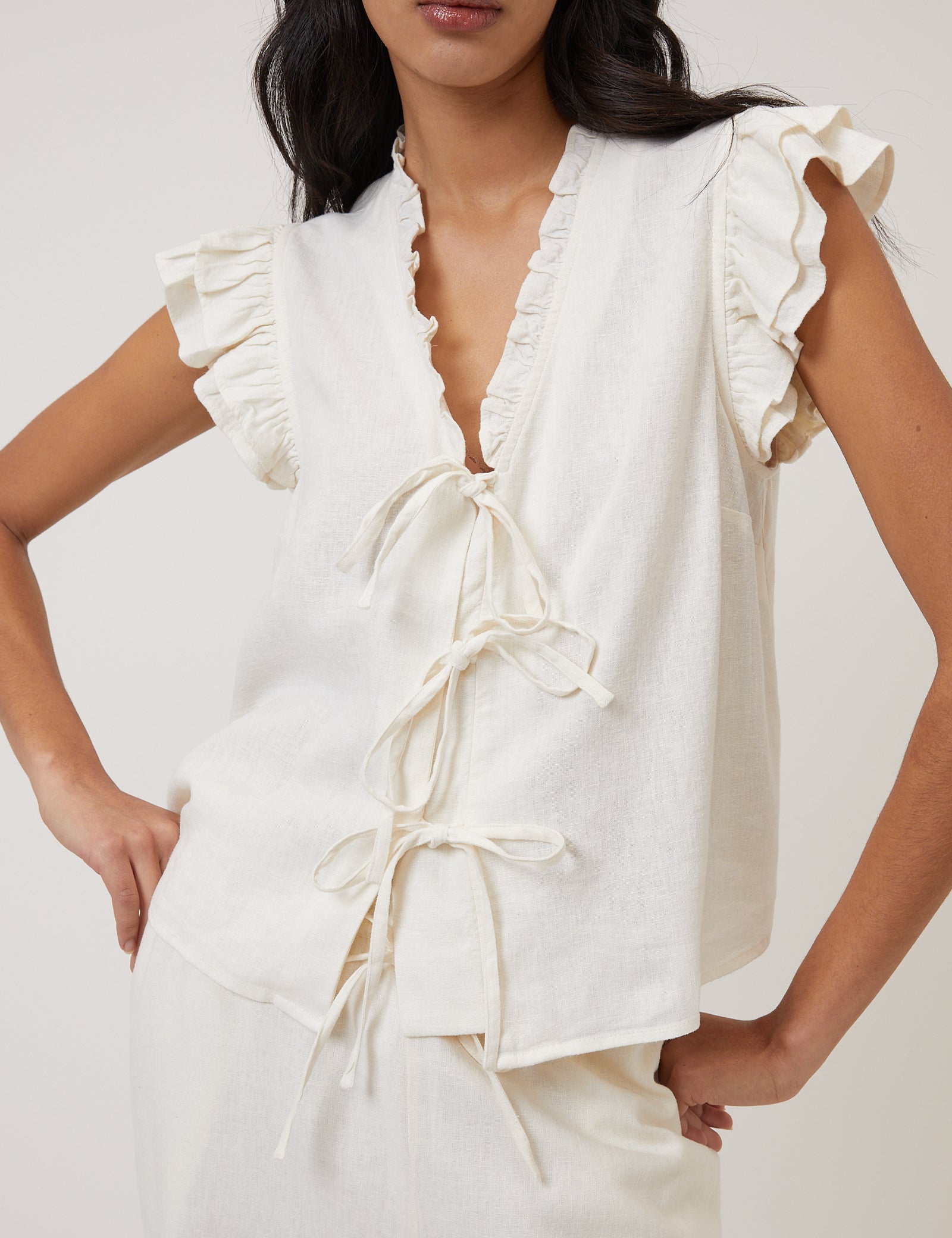 White Linen Blend Ruffle Tie Front Top