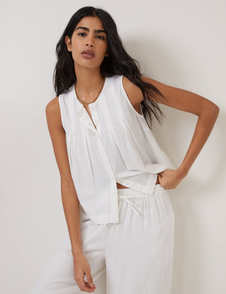 White Pleated Shell Linen Blend Top