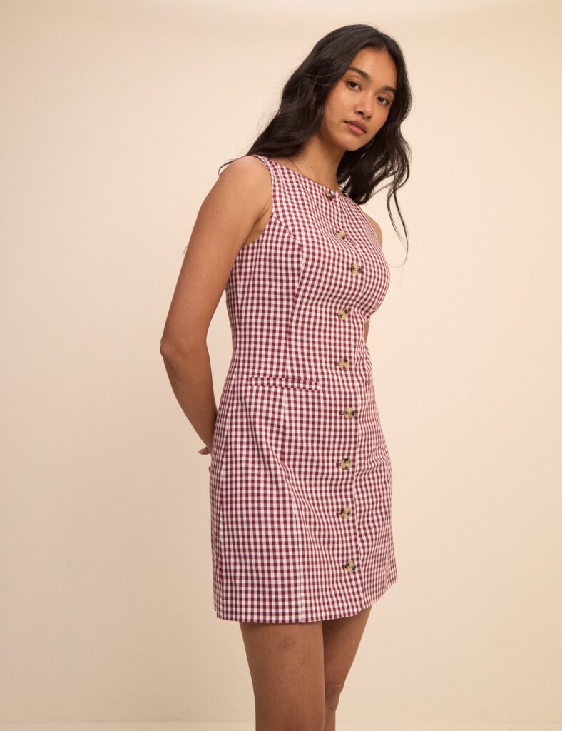 Red Burgundy Check Cotton Button Front Mini Dress