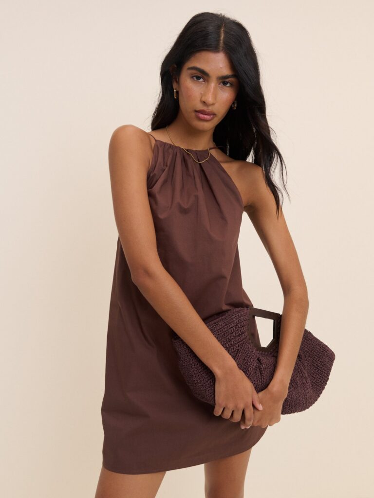 Brown Cotton Halter Neck Sleeveless Mini Dress