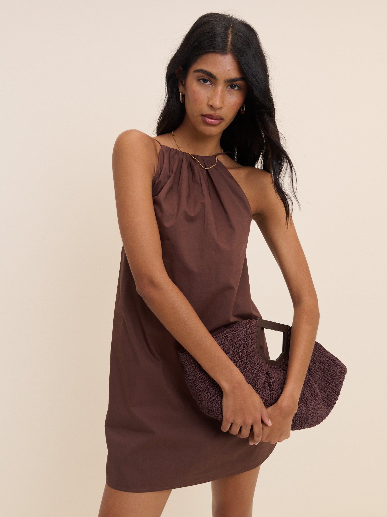 Brown Cotton Halter Neck Sleeveless Mini Dress