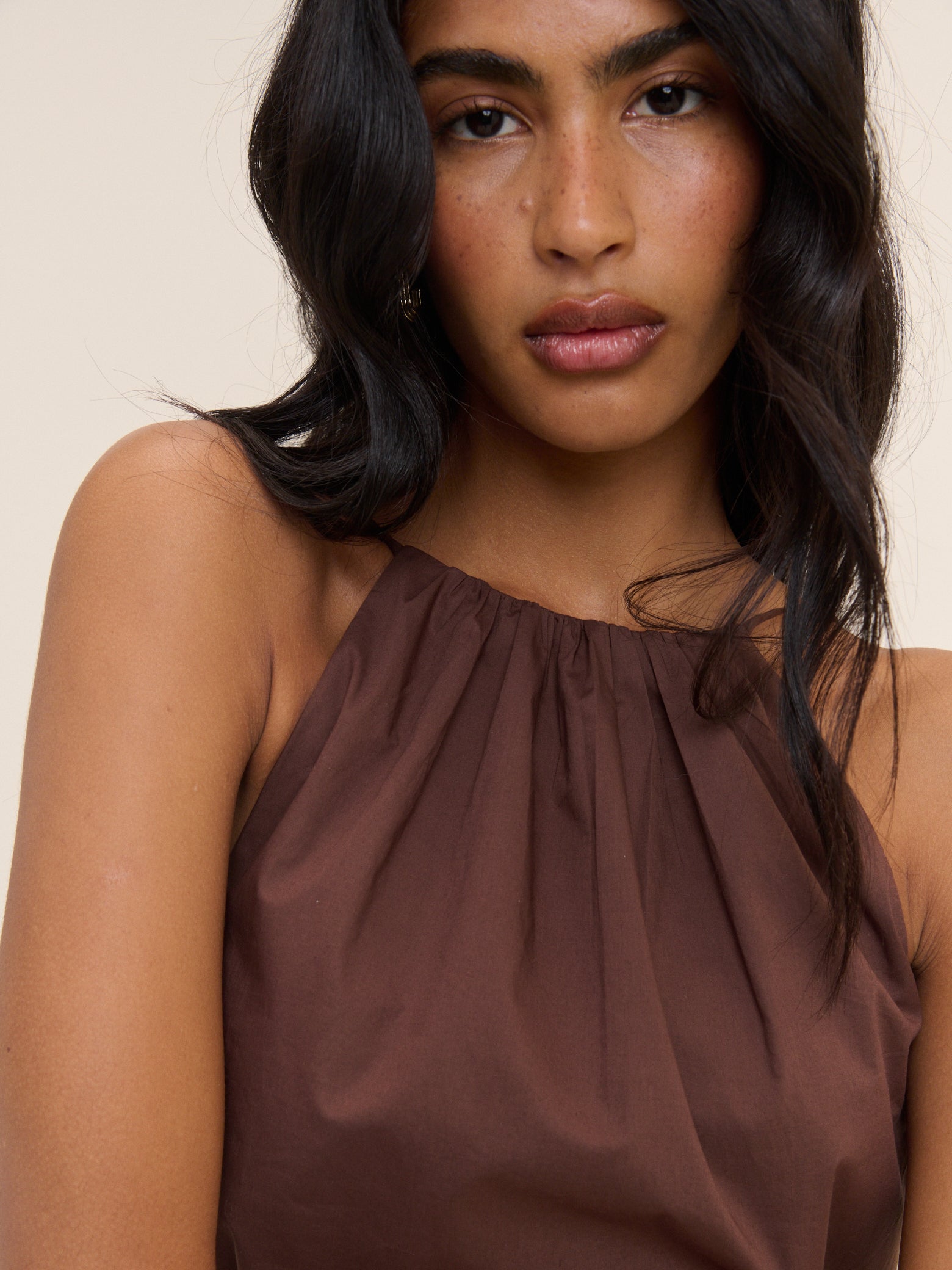Brown Cotton Halter Neck Sleeveless Mini Dress - Image 3