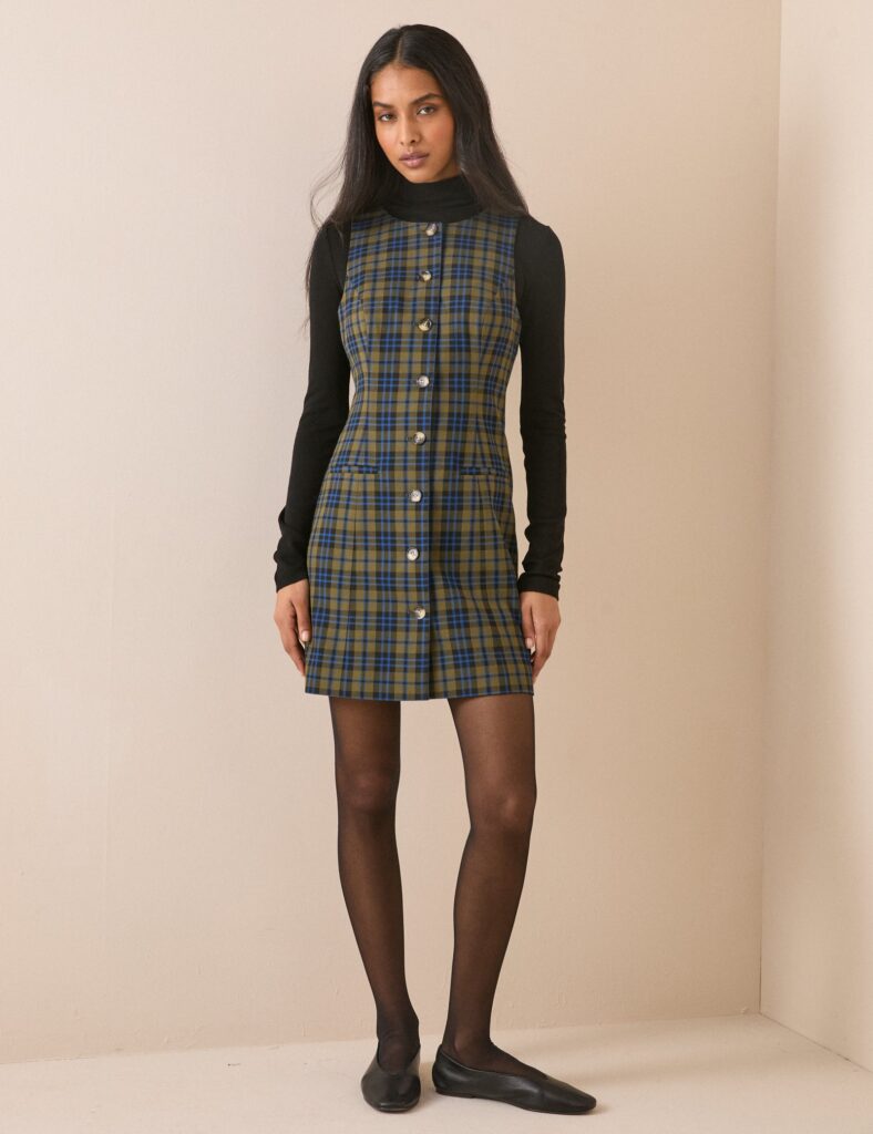 Blue Green Check Cotton Button Front Mini Dress