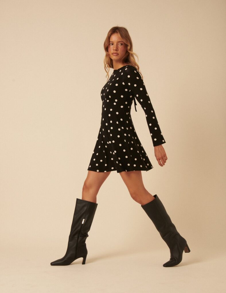 Black Polka Dot Jersey Long Sleeve Mini Dress