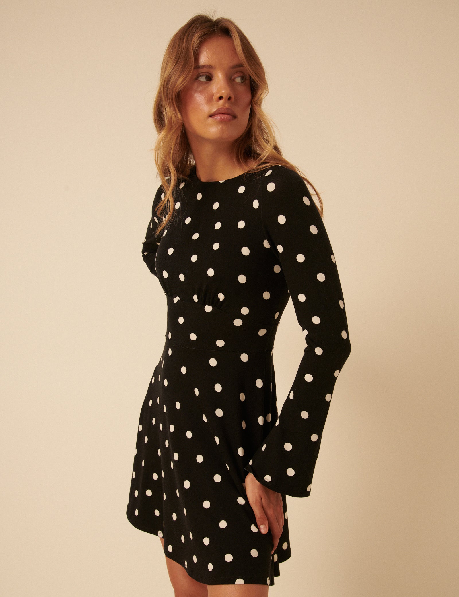 Black Polka Dot Jersey Long Sleeve Mini Dress - Image 4