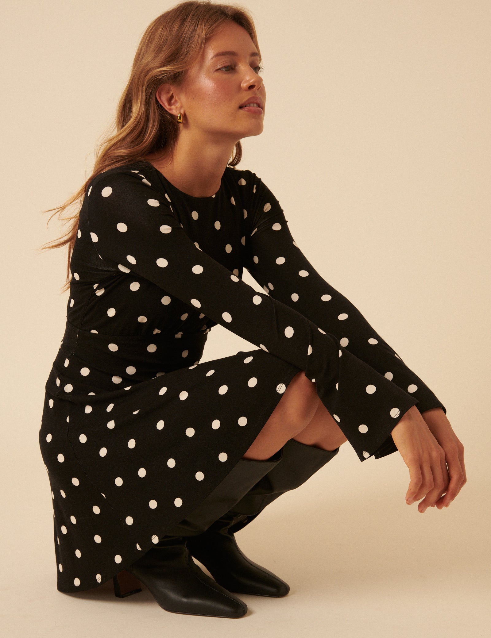 Black Polka Dot Jersey Long Sleeve Mini Dress - Image 2