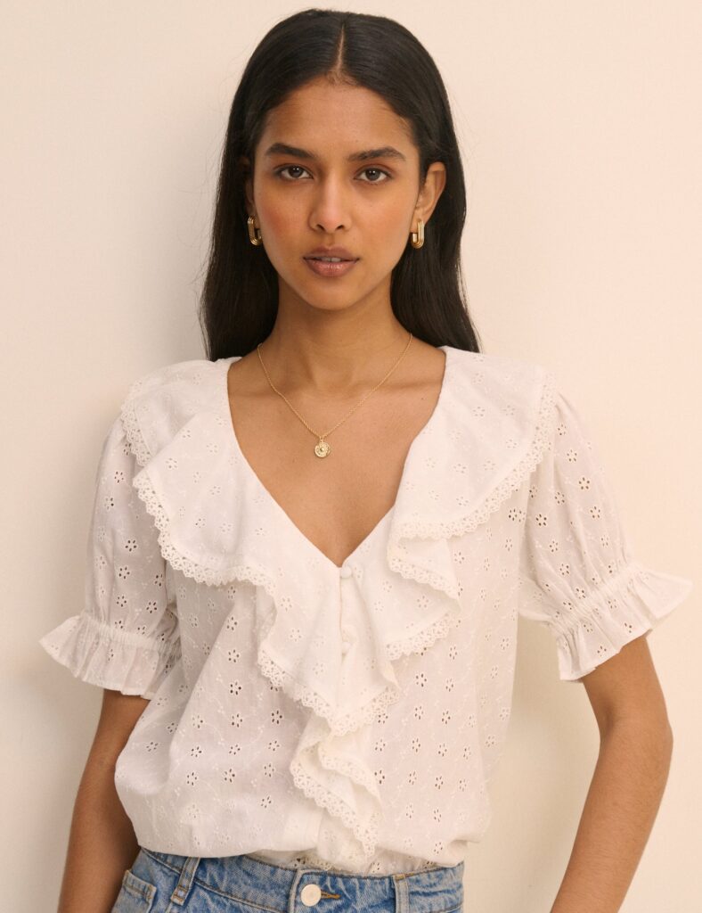 White Floral Ruffle Trim Blouse