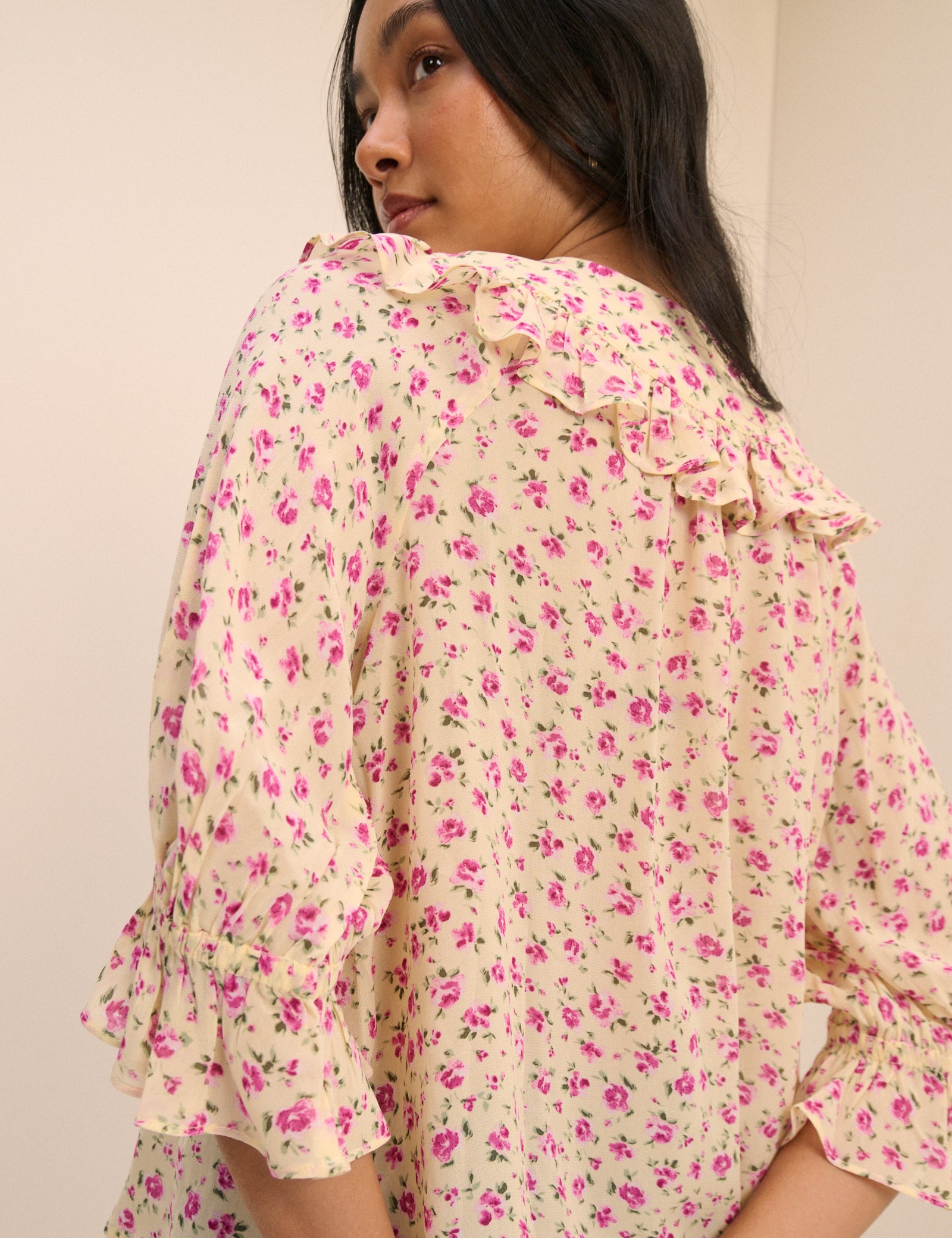 Cream And Pink Floral Short Sleeve Blouse - Image 5