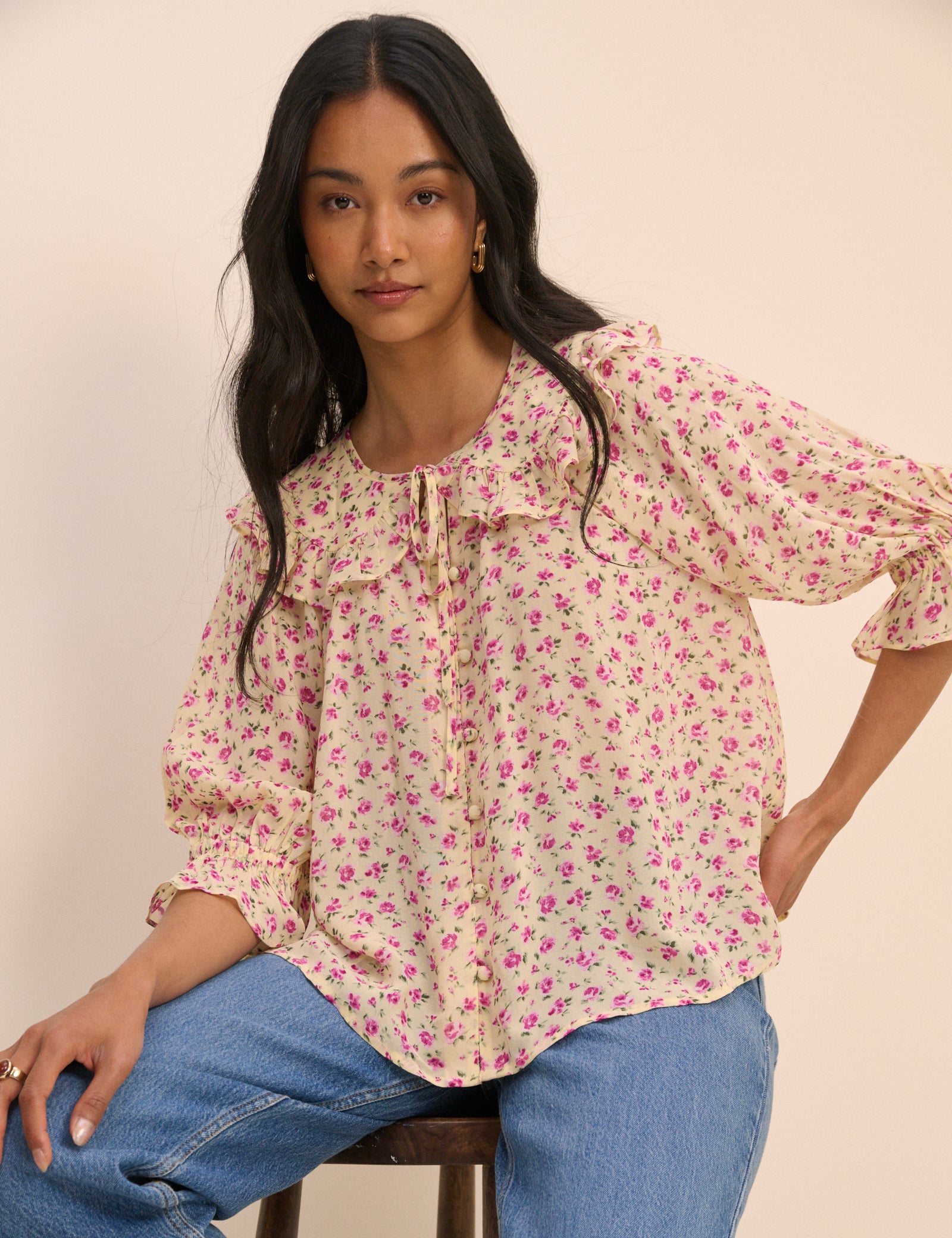 Cream And Pink Floral Short Sleeve Blouse - Image 2