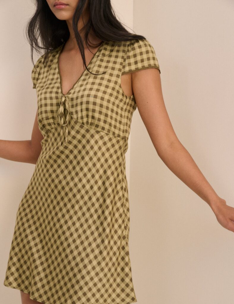 Green Check Lace Neck Mini Dress