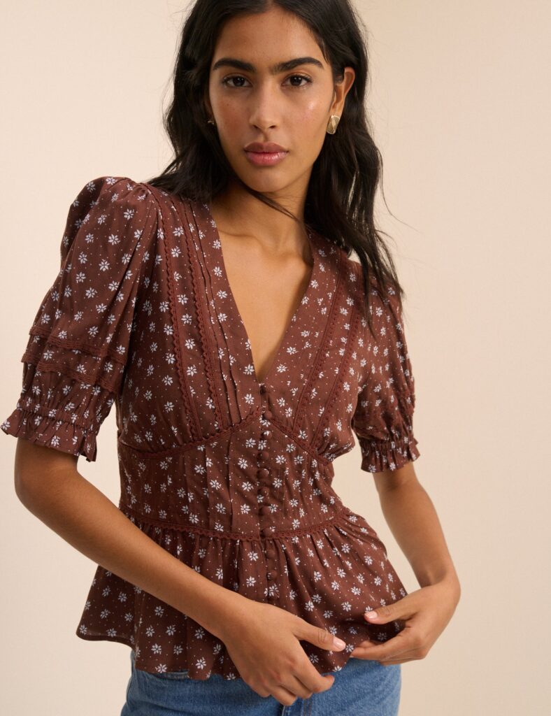 Brown Ditsy Floral Puff Sleeve Blouse