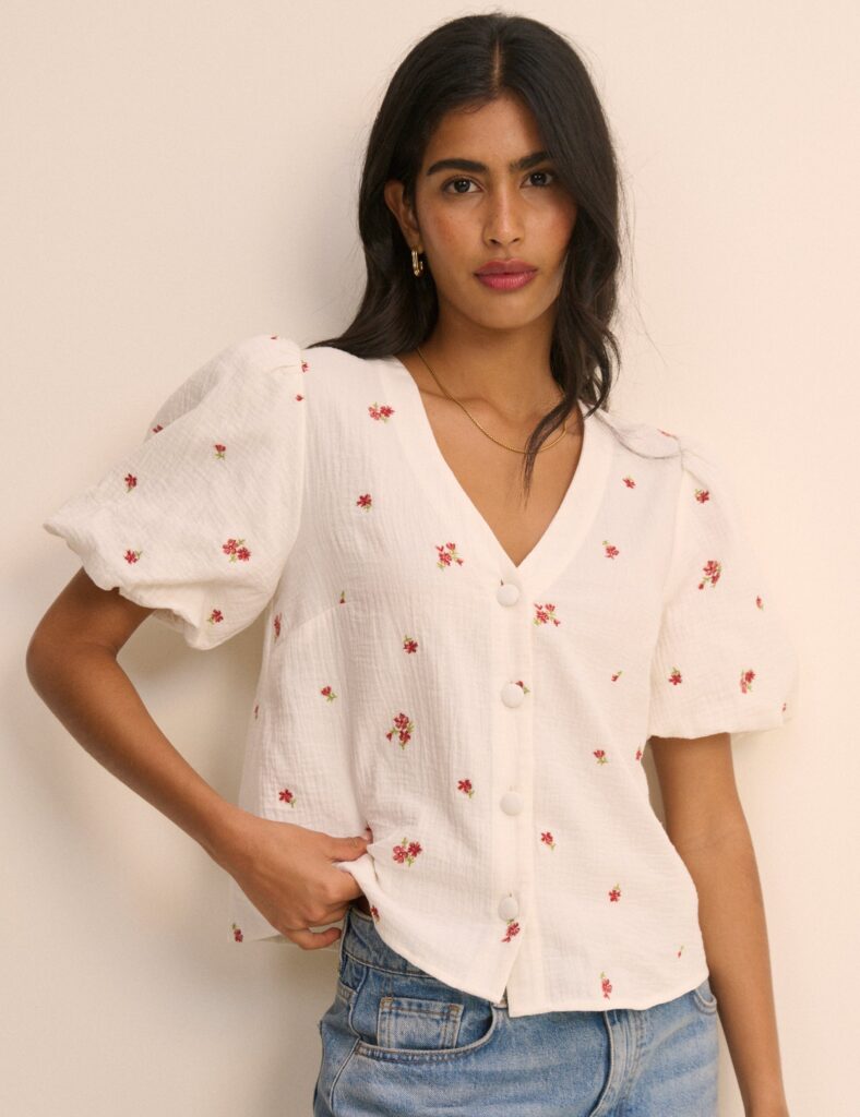 Cream and Red Floral Puff Sleeve Blouse