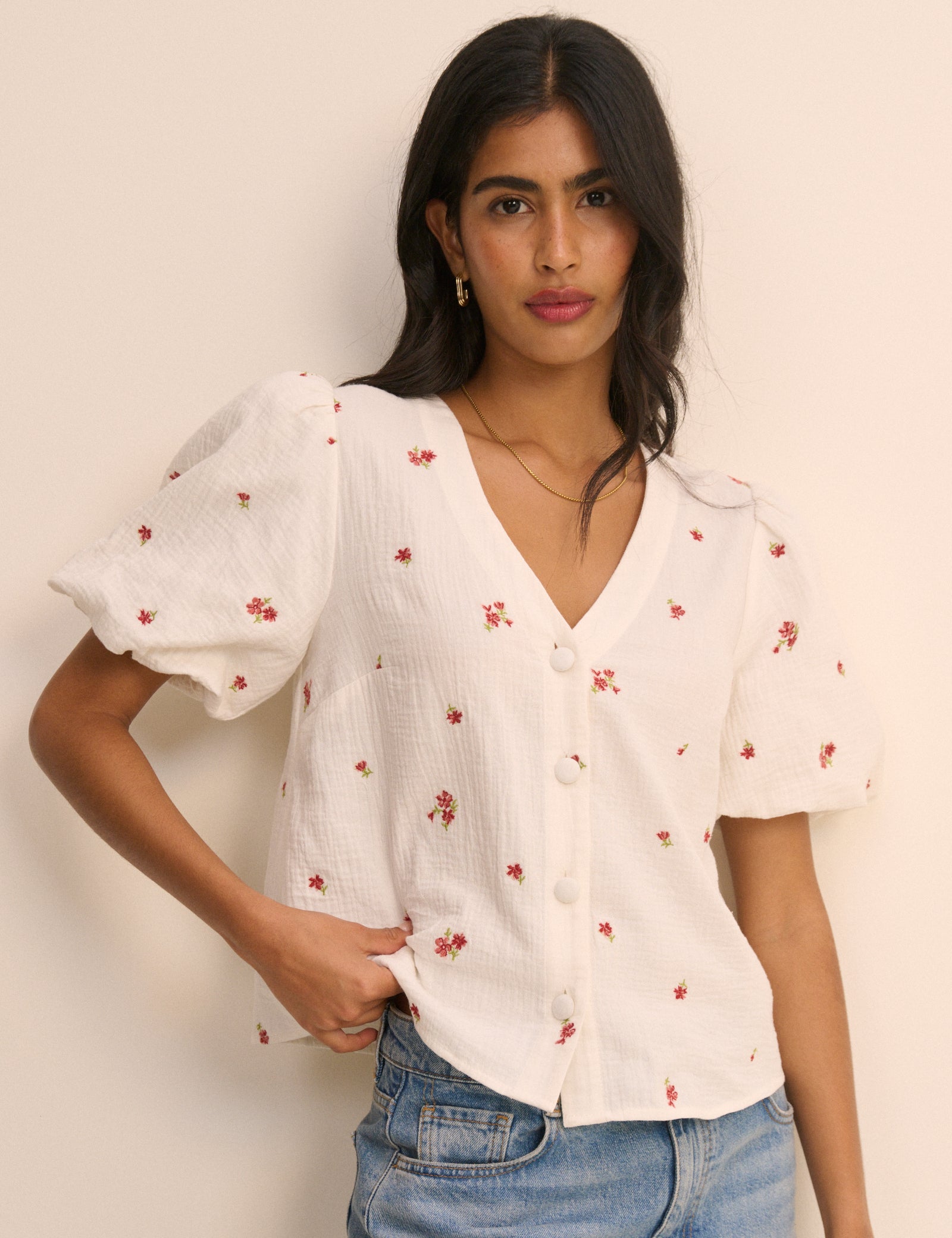 Cream and Red Floral Puff Sleeve Blouse
