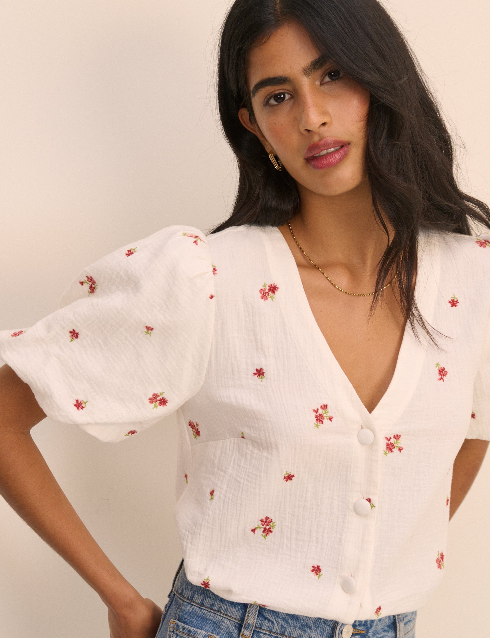Cream And Red Floral Puff Sleeve Top - Image 3