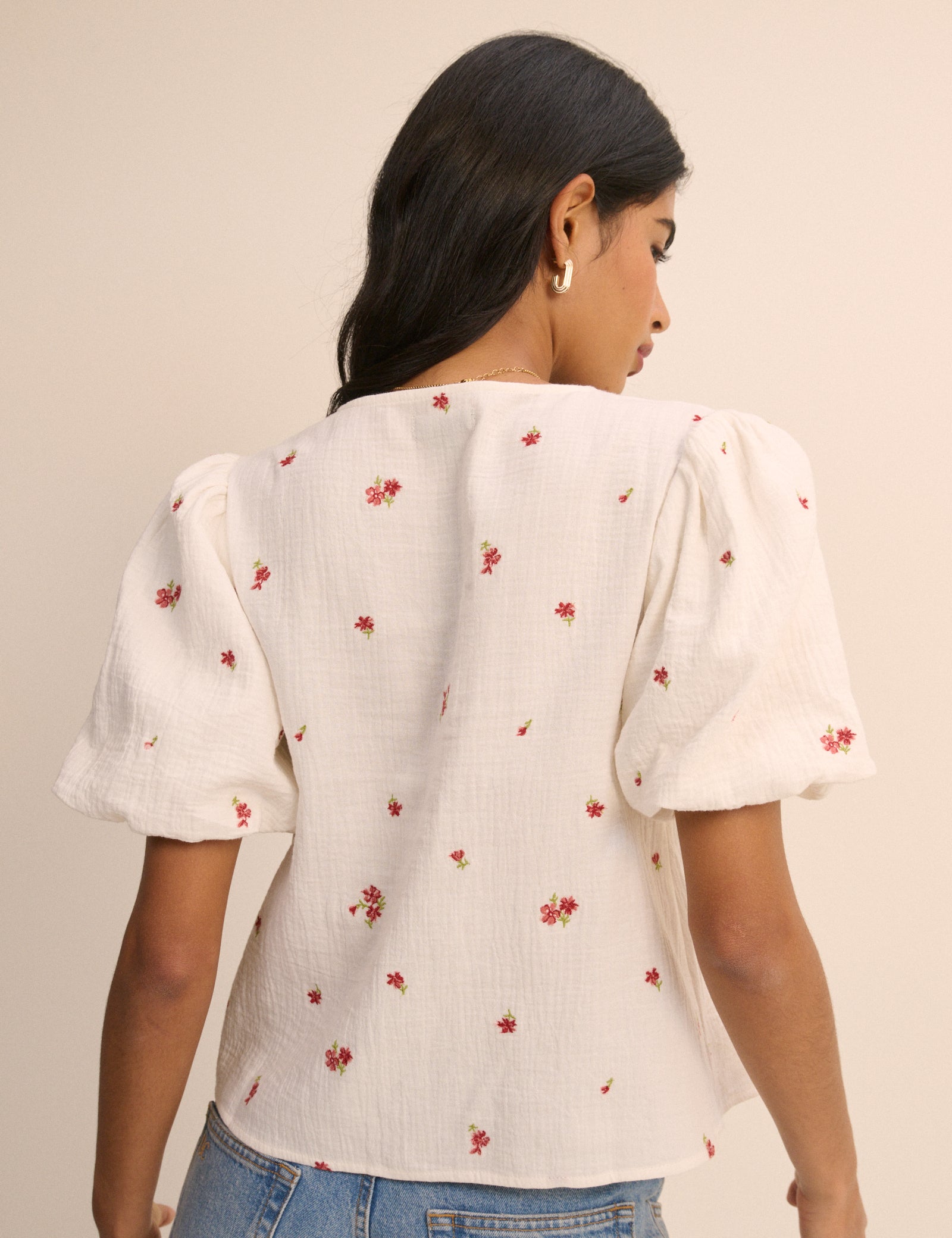 Cream And Red Floral Puff Sleeve Top - Image 4