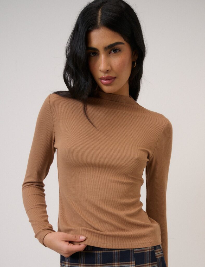 Brown High Neck Ribbed Top