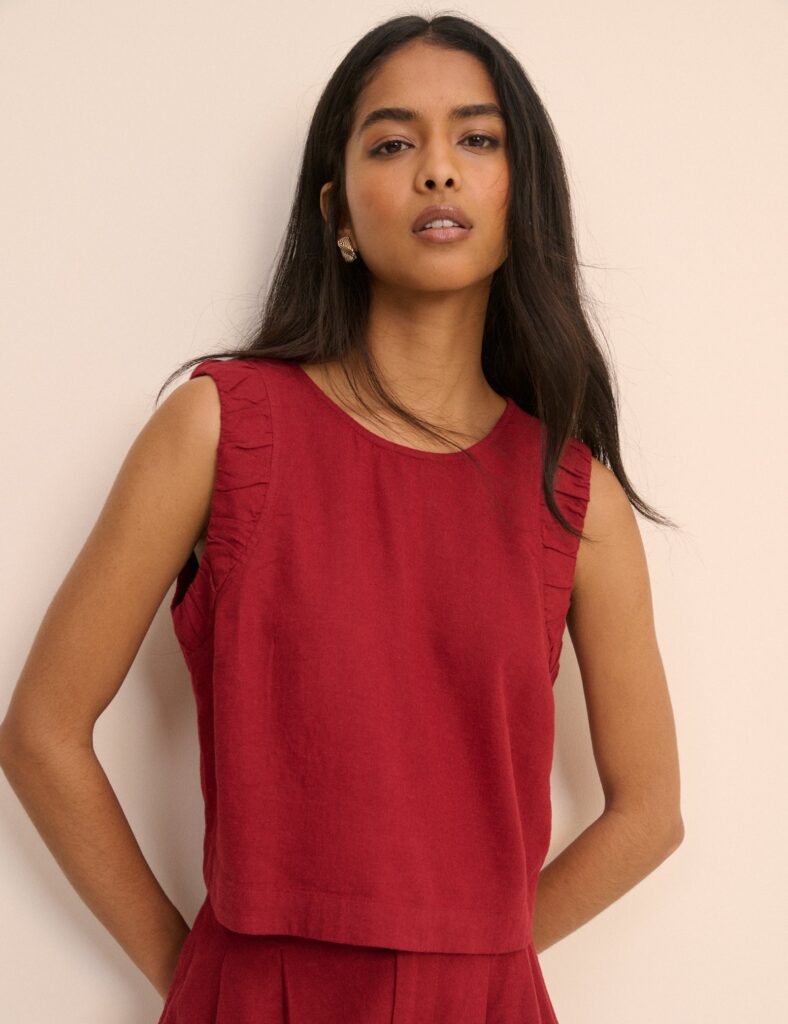 Red Linen Blend Ruched Spencer Tank Top
