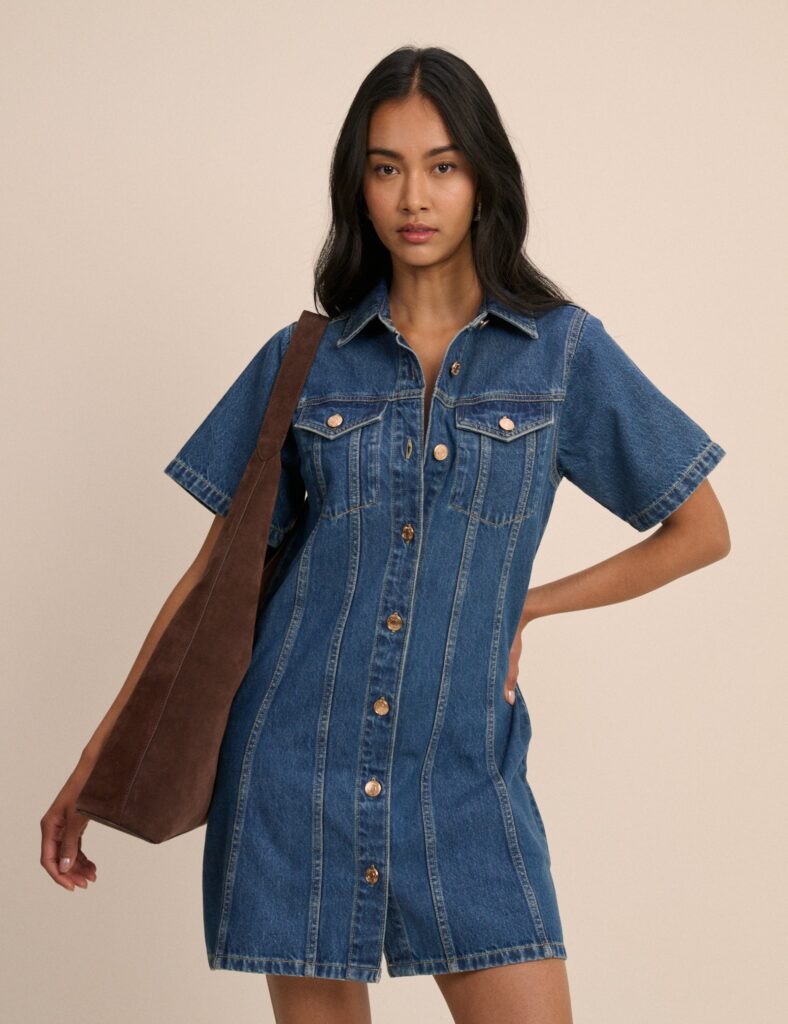 Blue Gold Cotton Button Front Mini Dress