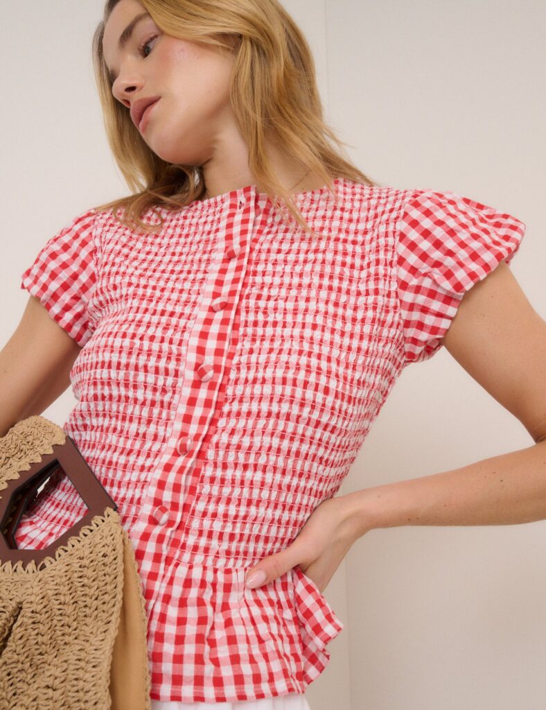 Detailed Red Gingham Puff Sleeve Blouse