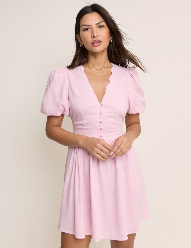 Pink Button Front Shirred Neck Mini Dress
