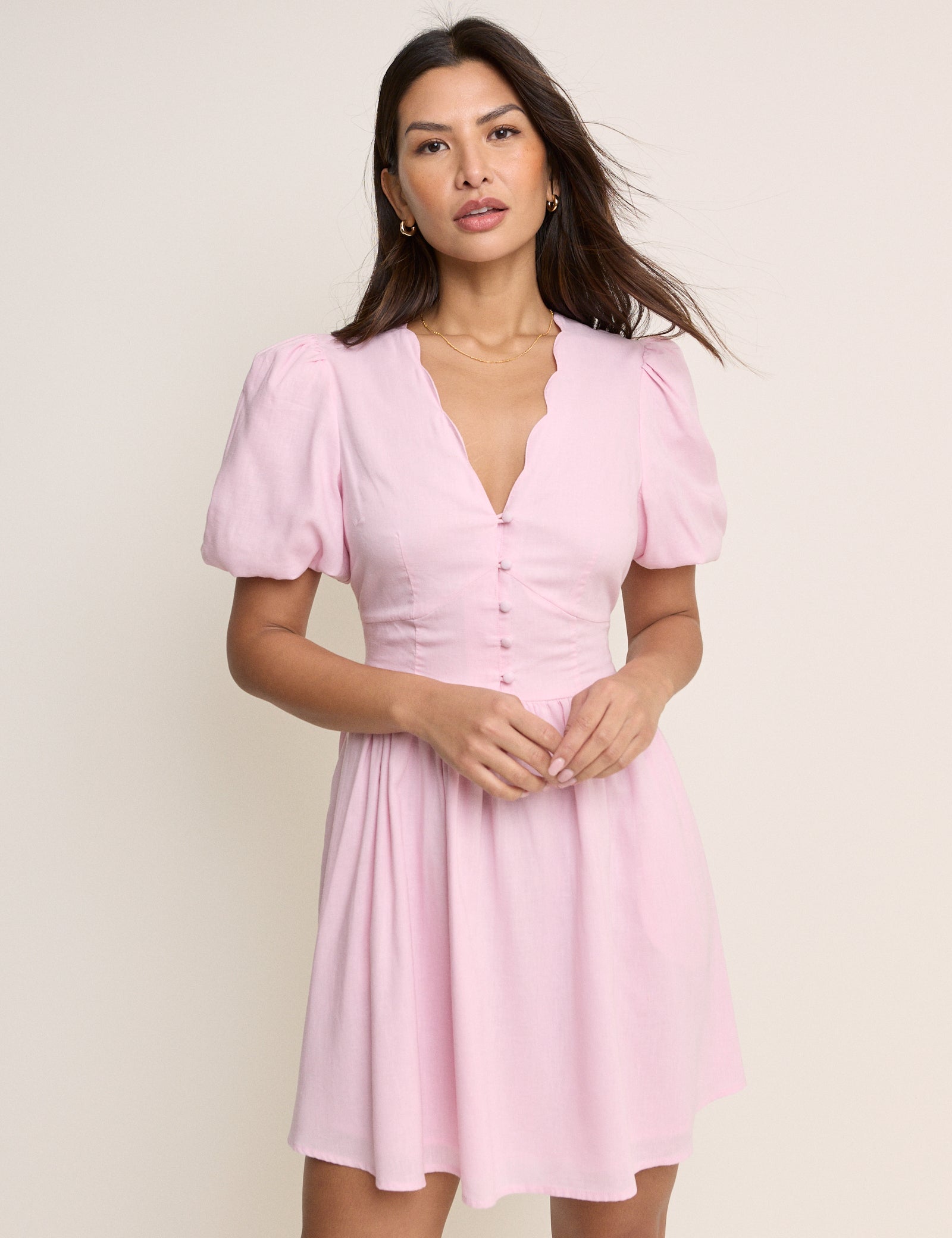 Pink Button Front Shirred Neck Mini Dress