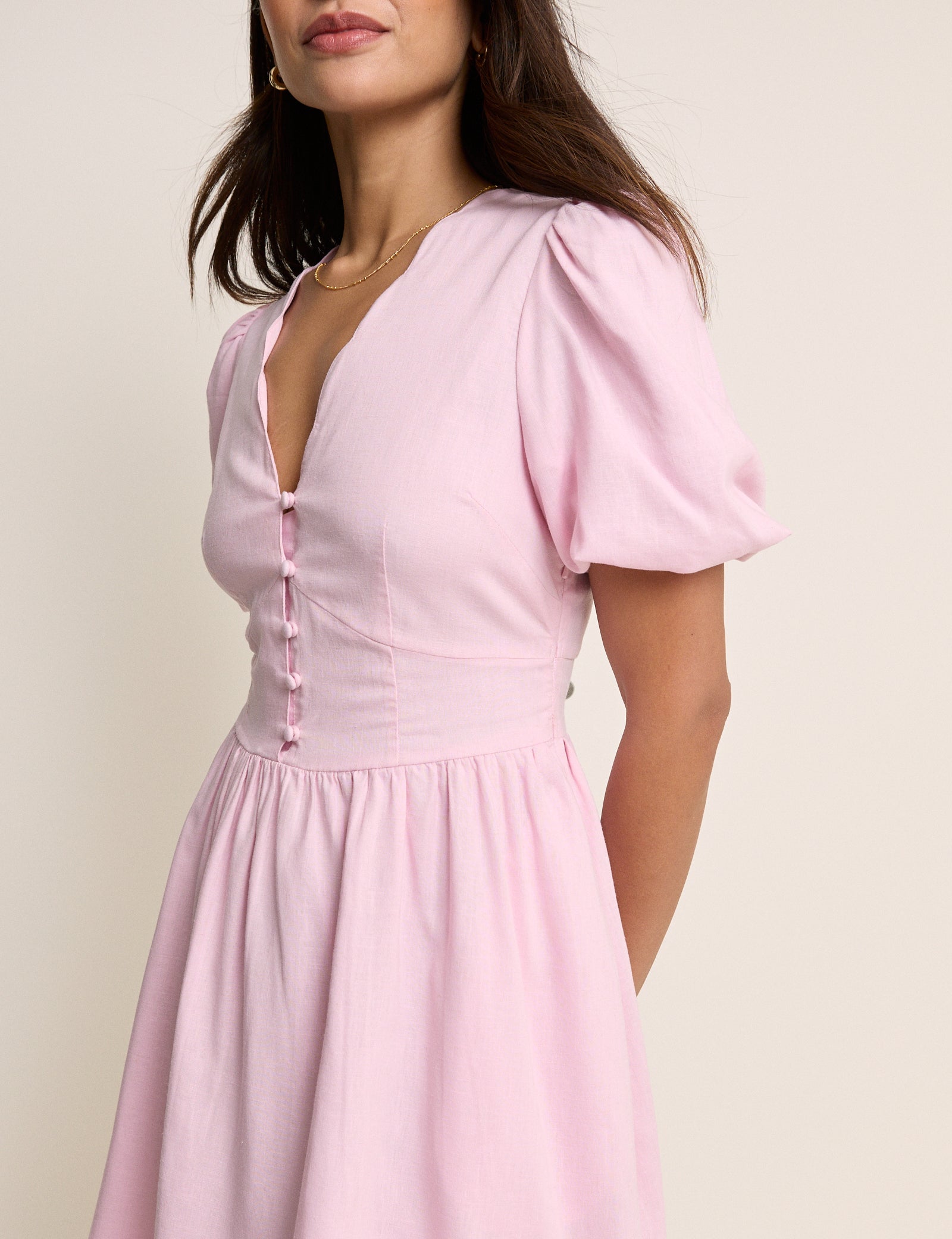Pink Button Front Shirred Neck Mini Dress - Image 4