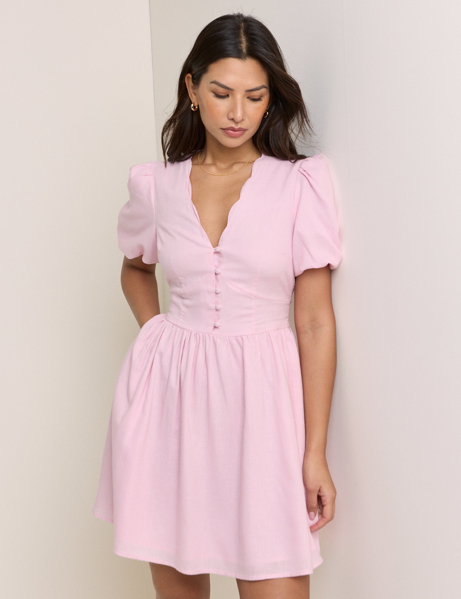 Pink Button Front Shirred Neck Mini Dress - Image 3