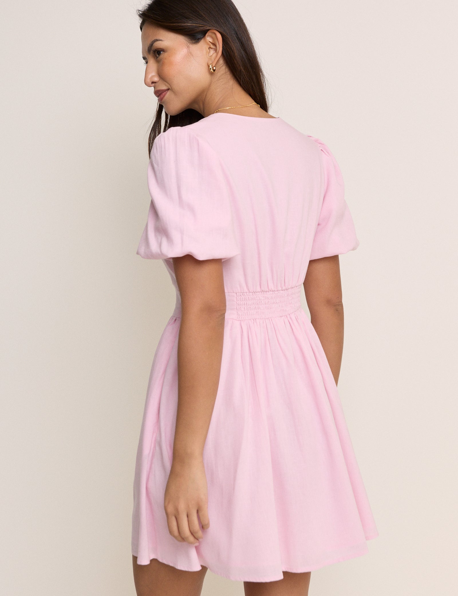 Pink Button Front Shirred Neck Mini Dress - Image 5