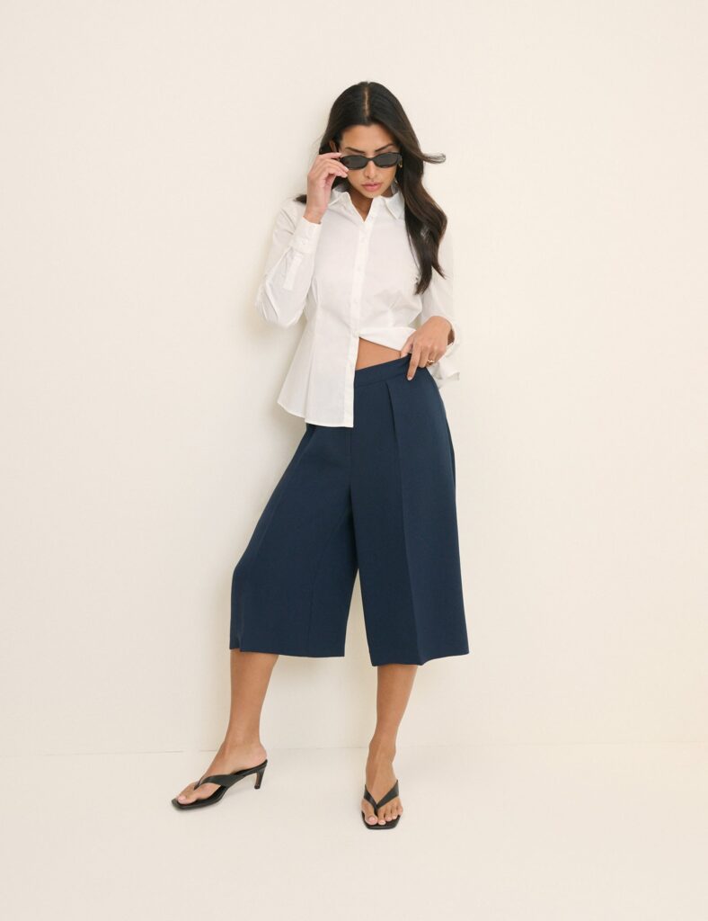 Navy High Waisted Wide Leg Trousers