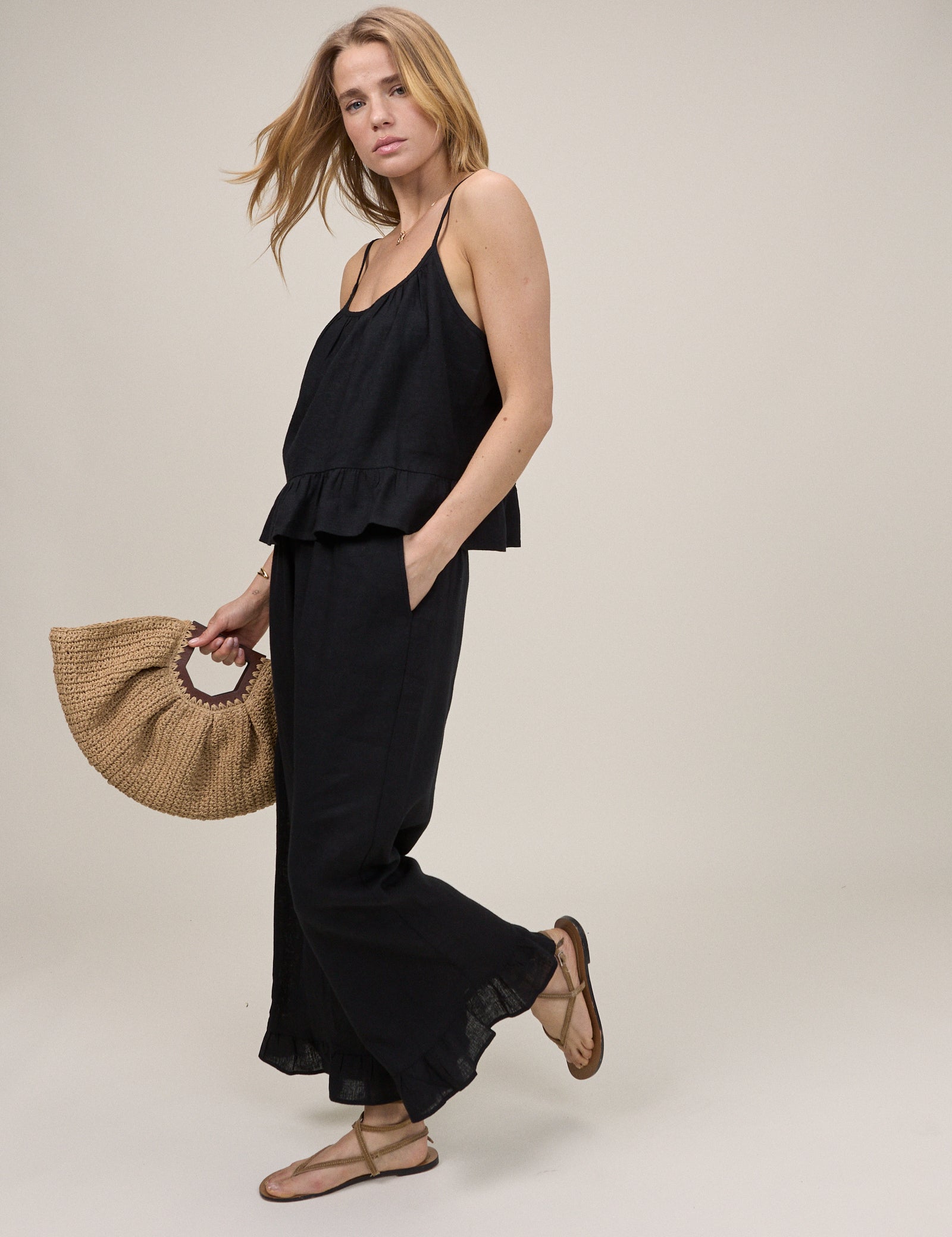 Black Linen Blend Wide Leg Cropped Trousers
