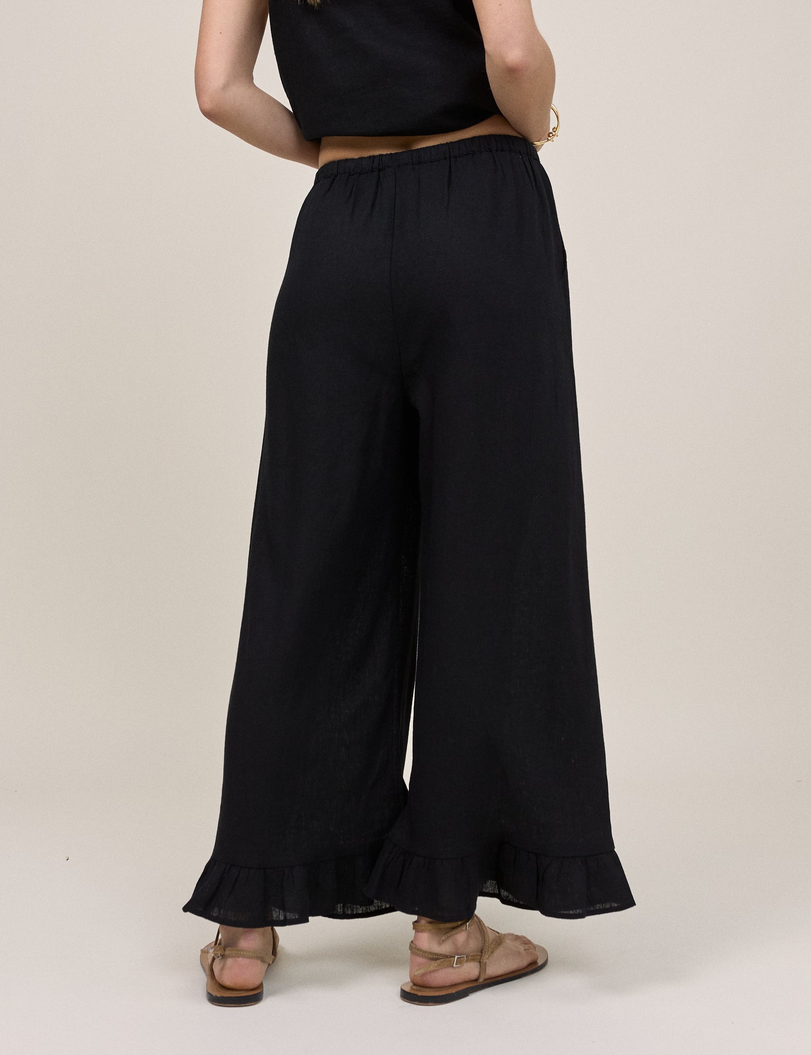 Black Linen Blend Wide Leg Cropped Trousers - Image 5