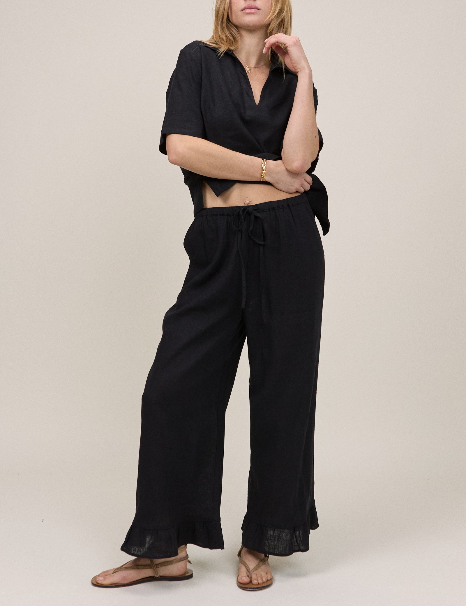 Black Linen Blend Wide Leg Cropped Trousers - Image 4
