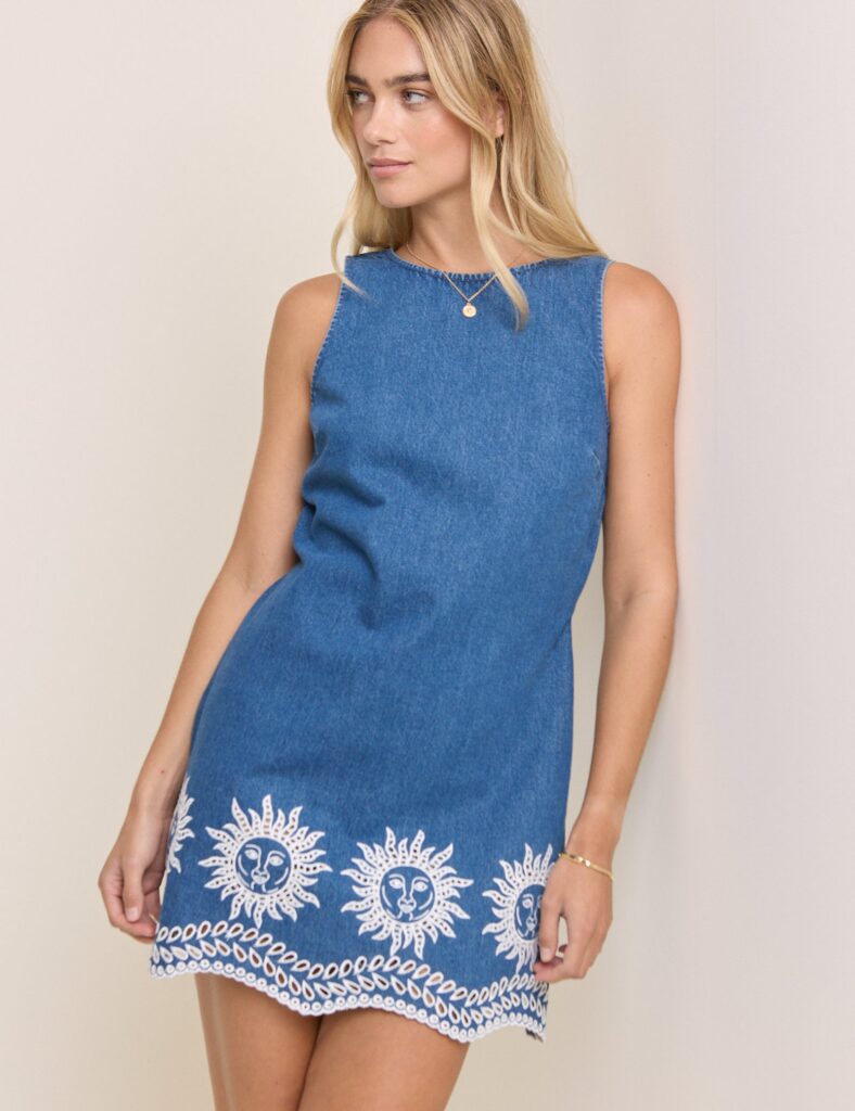 Blue Printed Cotton Sleeveless Embroidered Mini Dress