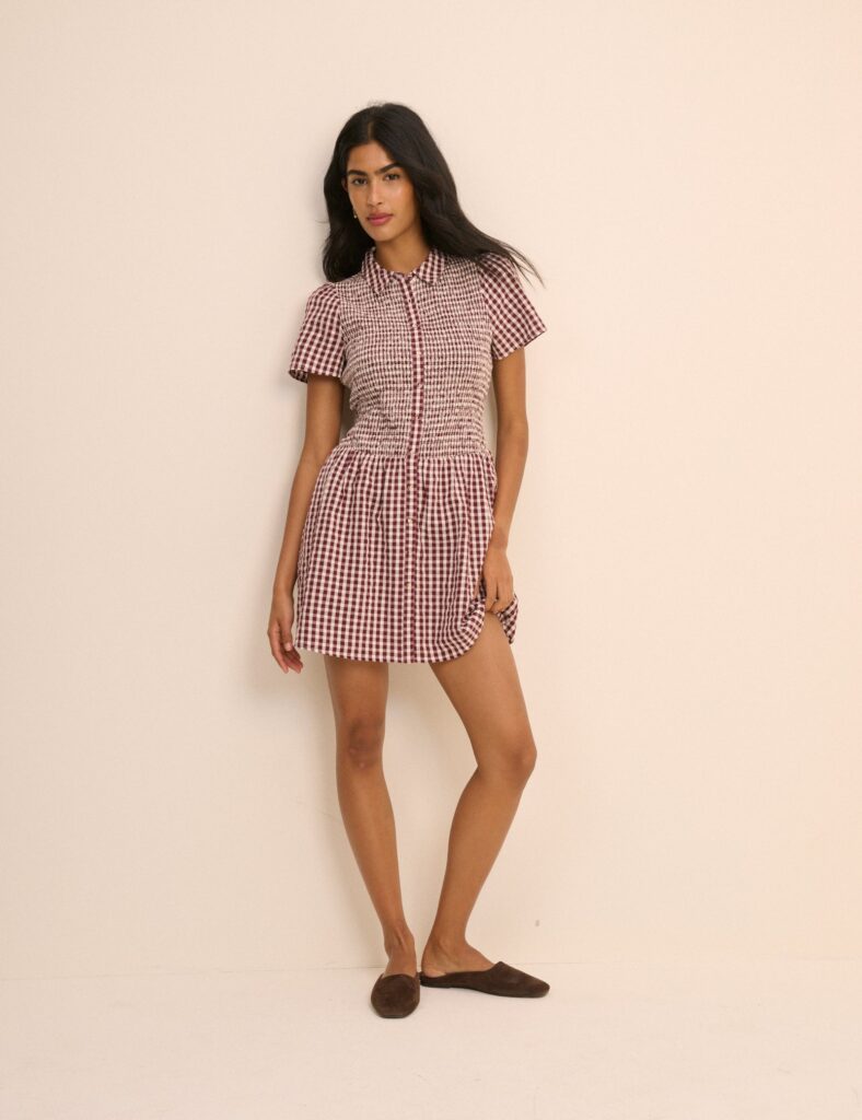 Red Burgundy Printed Cotton Button Front Mini Dress