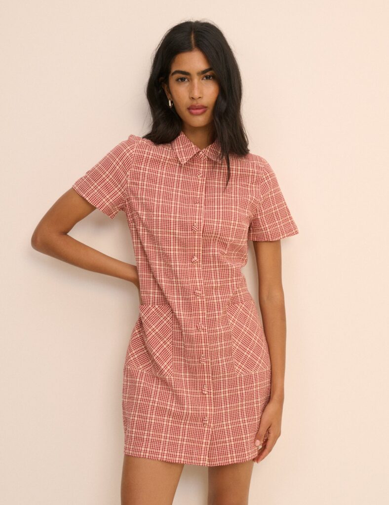 Cream Red Check Cotton Button Front Mini Dress