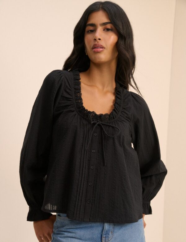 Black Broderie Anglaise Trim Blouse
