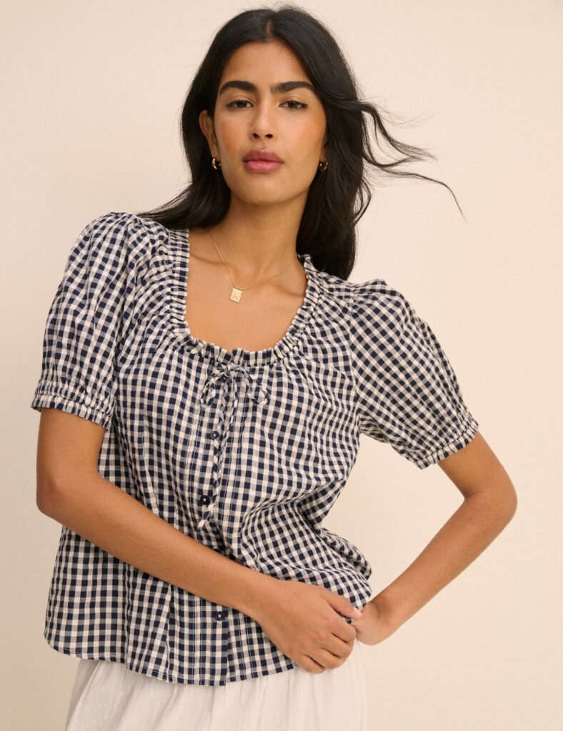 Blue Gingham Puff Sleeve Blouse