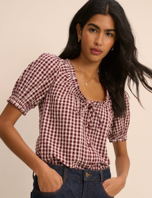 Burgundy Gingham Puff Sleeve Blouse