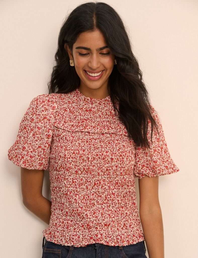 Red Floral Puff Sleeve Shirred Top