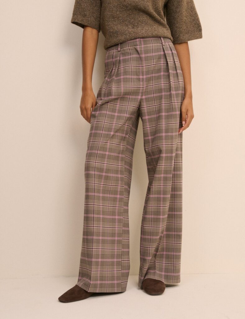 Brown Checked High Waisted Wide Leg Trousers