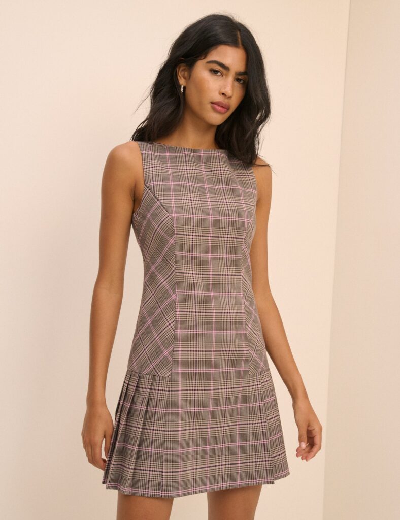 Multi Check Pleated Drop Waist Mini Dress