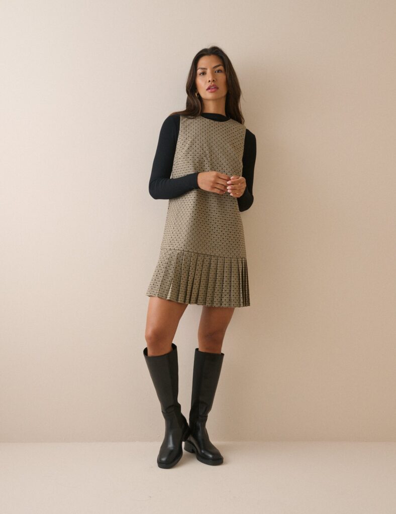Beige Check Drop Waist Sleeveless Mini Dress