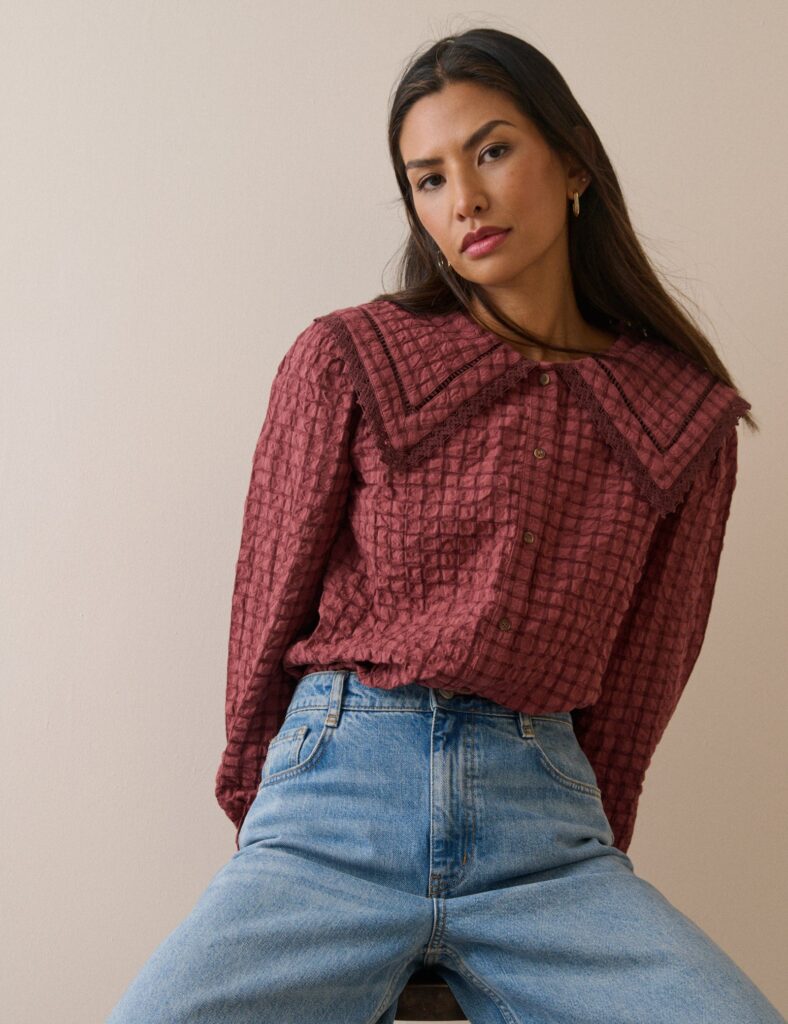 Red Checked Statement Collar Blouse