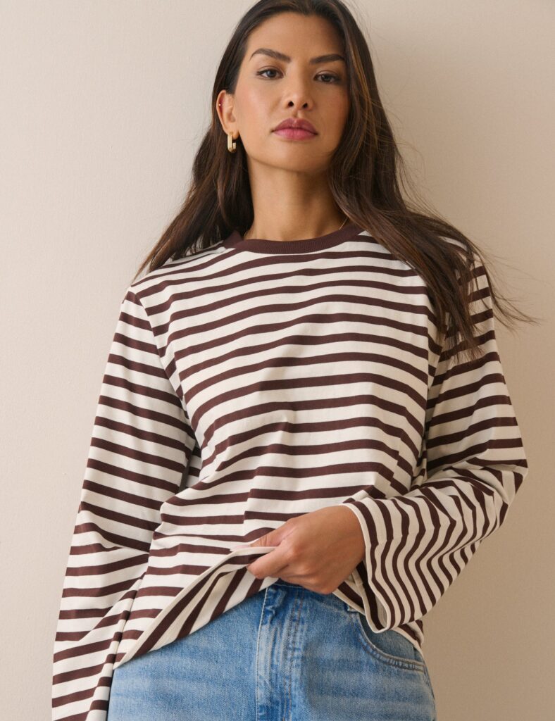 Brown Striped Wide Sleeve Jersey Top