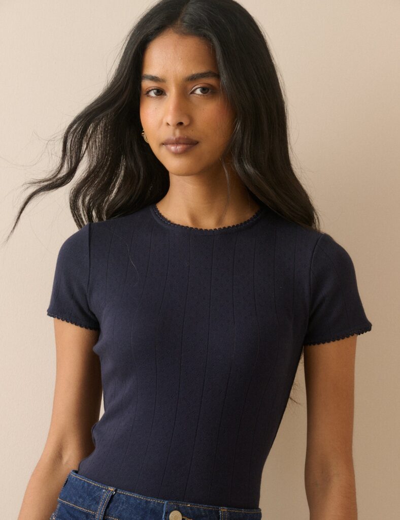 Navy Pointelle Lace Trim Shirt