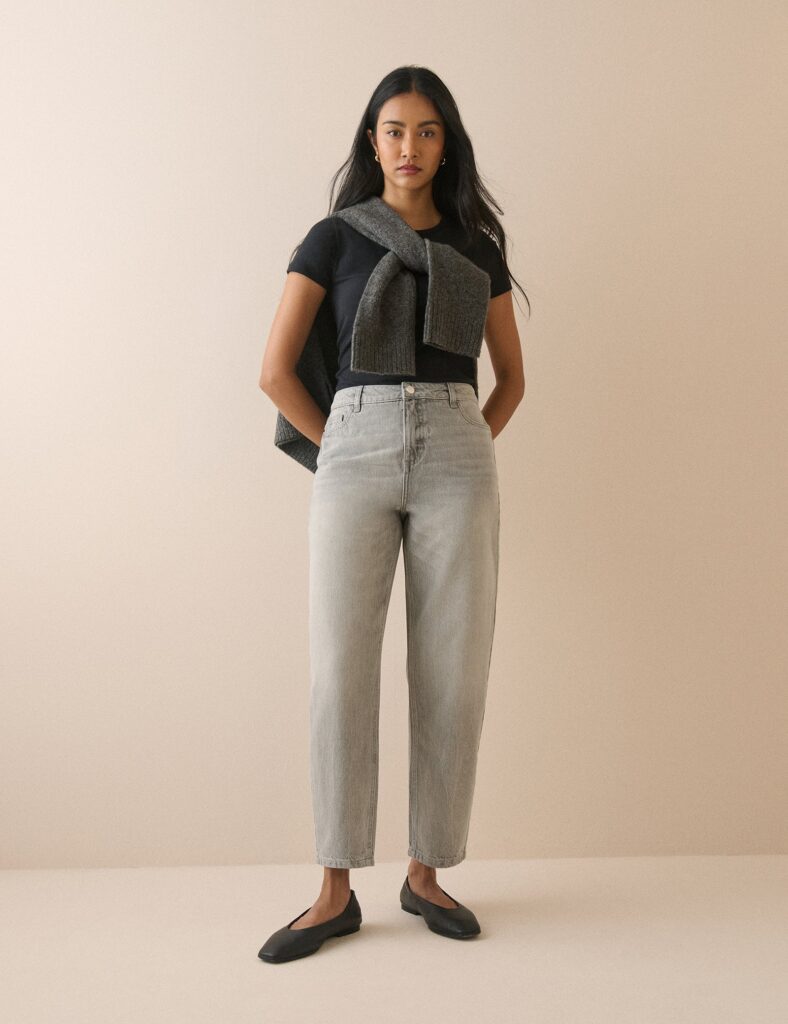 Silver High Rise Barrel Leg Polished Jeans