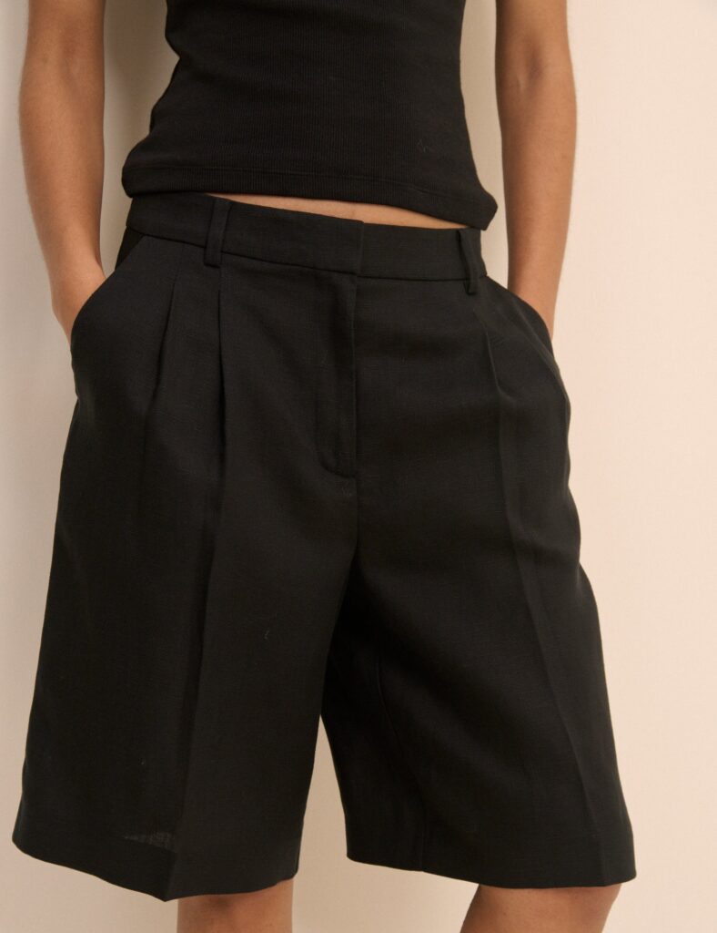 Black Linen Blend High Waisted Tailored Shorts