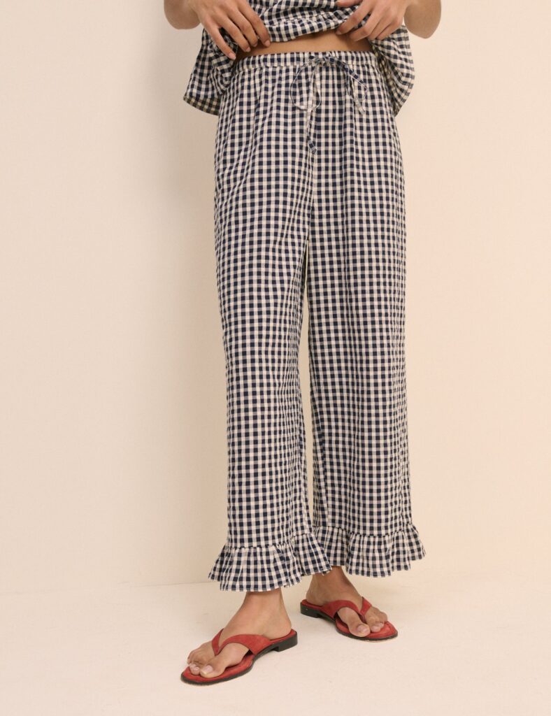 Navy Gingham Wide Leg Cropped Trousers